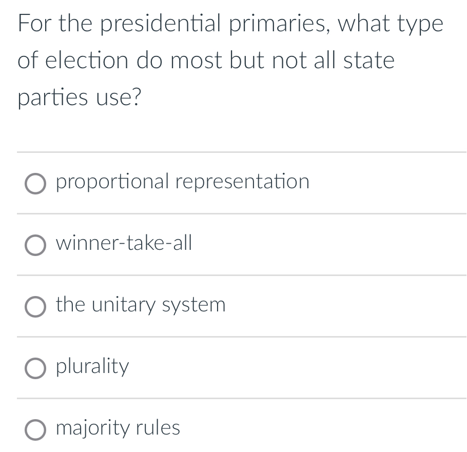 For the presidential primaries, what type
of election do most but not all state
parties use?
proportional representation
winner-take-all
the unitary system
plurality
majority rules