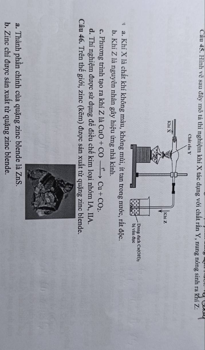 Hình vẽ sau đây mô tả thí nghiệm khí X tác dụng với chất rắn Y, nung nóng sinh ra khí Z:
Nha. Khí X là chất khí không màu, không mùi, ít tan trong nước, rất độc.
b. Khí Z là nguyên nhân gây hiệu ứng nhà kính.
c. Phương trình tạo ra khí Z là CuO+COxrightarrow t°Cu+CO_2.
d. Thí nghiệm được sử dụng để điều chế kim loại nhóm IA, IIA.
Câu 46. Trên thế giới, zinc (kẽm) được sản xuất từ quặng zinc blende.
a. Thành phần chính của quặng zinc blende là ZnS.
b. Zinc chi được sản xuất từ quặng zinc blende.