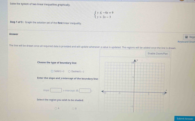 Solve the system of two linear inequalities graphically.
beginarrayl y≤ -6x+9 y>2x-3endarray.
Step 1 of 3 : Graph the solution set of the first linear inequality.
Answer
Keyp
Keyboard Shor
The line will be drawn once all required data is provided and will update whenever a value is updated. The regions will be added once the line is drawn.
Enable Zoom/Pan
Choose the type of boundary line:
□ Solid () Dashed (---)
Enter the slope and y-intercept of the boundary line:
slope □ y-intercept: ( (0,□ )
Select the region you wish to be shaded:
A B
Submit Answer