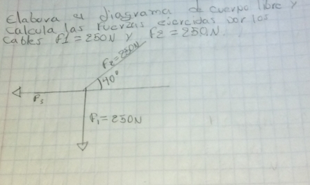 clabora a diasrama d everpo libre y 
calcula las rocvzcs eiercidas Dor 1os 
Y F_2=250N
cables f_1=250N F_2=250N
40°
overline P_3
P_1=250N