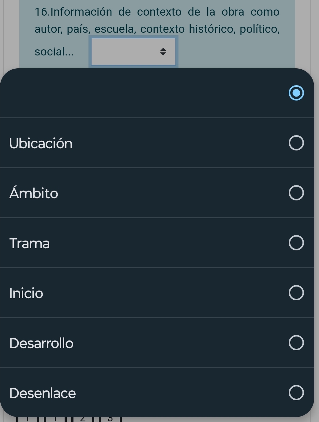 Información de contexto de la obra como
autor, país, escuela, contexto histórico, político,
social...
Ubicación
Ámbito
Trama
Inicio
Desarrollo
Desenlace