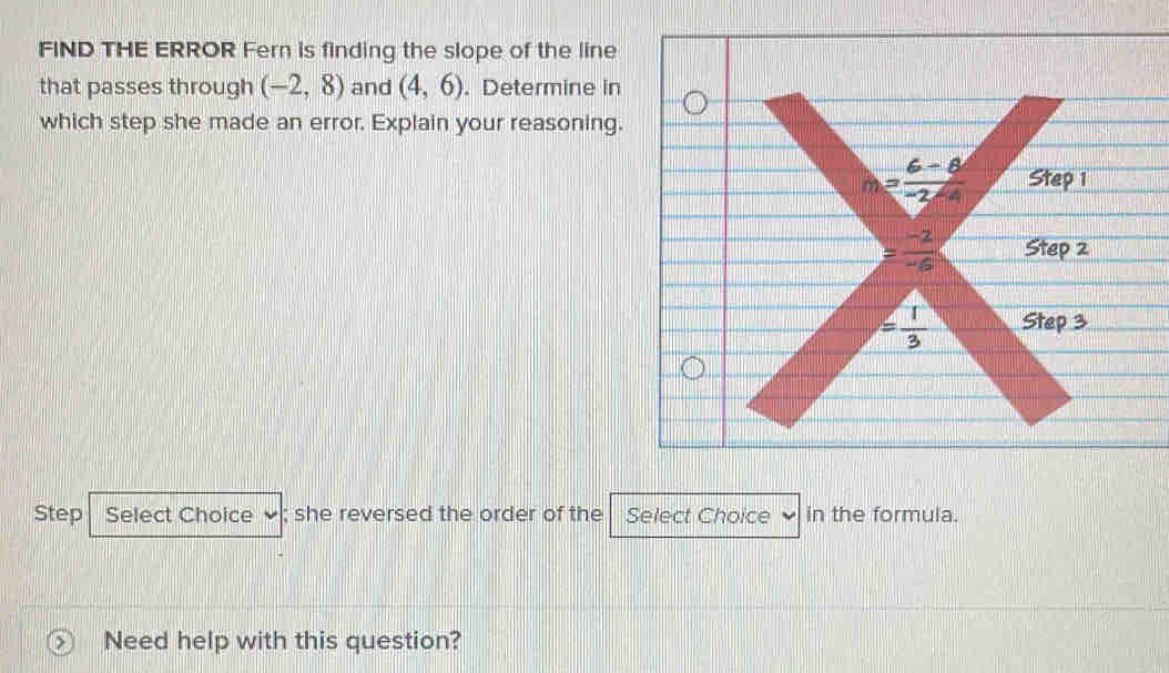 FIND THE ERROR Fern is finding the slope of the line
that passes through (-2,8) and (4,6). Determine in
which step she made an error. Explain your reasoning.
Step Select Choice ; she reversed the order of the Select Choice in the formula.
Need help with this question?