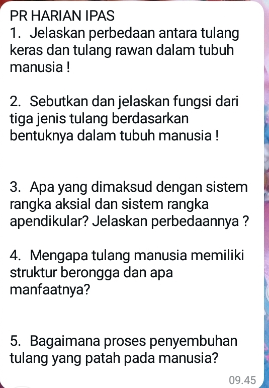 PR HARIAN IPAS 
1. Jelaskan perbedaan antara tulang 
keras dan tulang rawan dalam tubuh 
manusia ! 
2. Sebutkan dan jelaskan fungsi dari 
tiga jenis tulang berdasarkan 
bentuknya dalam tubuh manusia ! 
3. Apa yang dimaksud dengan sistem 
rangka aksial dan sistem rangka 
apendikular? Jelaskan perbedaannya ? 
4. Mengapa tulang manusia memiliki 
struktur berongga dan apa 
manfaatnya? 
5. Bagaimana proses penyembuhan 
tulang yang patah pada manusia?
09.45