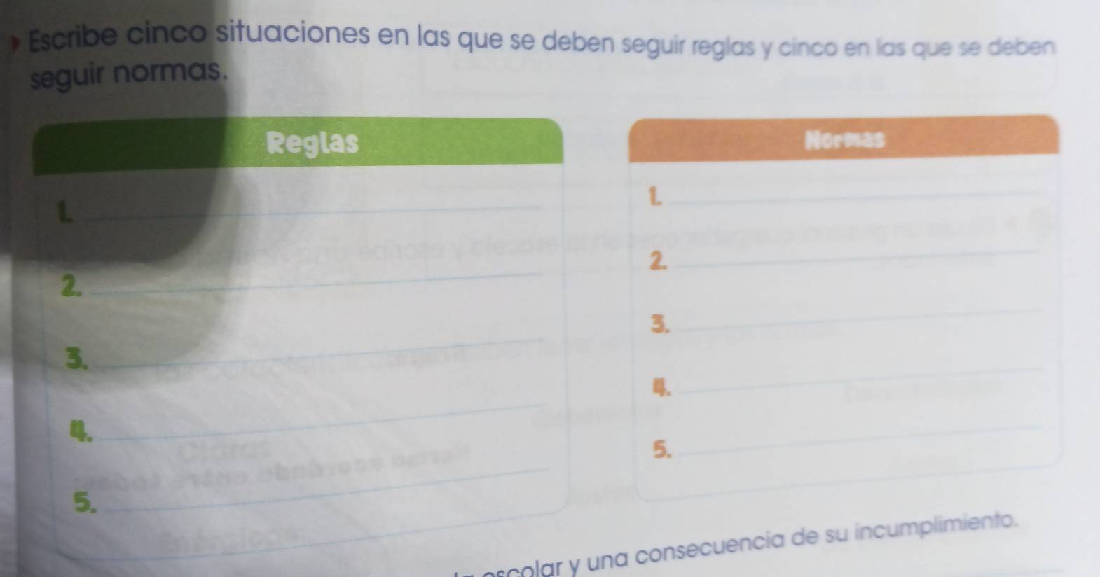 Escribe cinco situaciones en las que se deben seguir reglas y cinco en las que se deben 
seguir normas. 
sar y una consecuencia de su incumpl