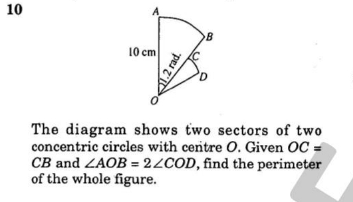 The diagram shows two sectors of two 
concentric circles with centre O. Given OC=
CB and ∠ AOB=2∠ COD , find the perimeter 
of the whole figure.