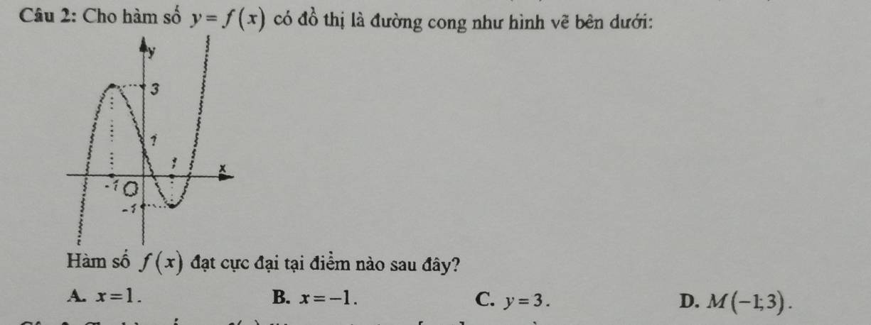 Cho hàm số y=f(x) có đồ thị là đường cong như hình vẽ bên dưới:
Hàm số f(x) đạt cực đại tại điểm nào sau đây?
A. x=1. B. x=-1. C. y=3. D. M(-1;3).