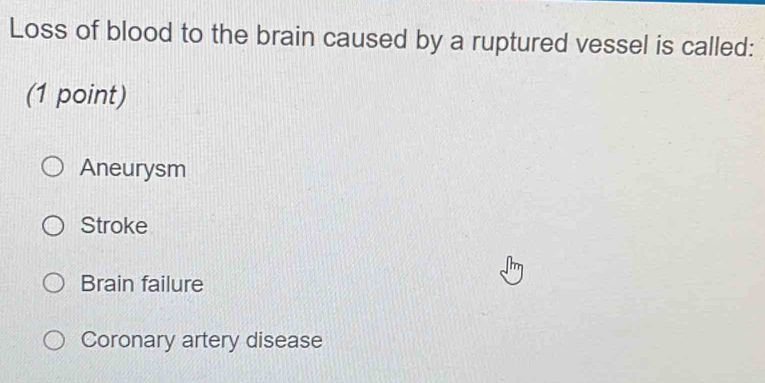 Loss of blood to the brain caused by a ruptured vessel is called:
(1 point)
Aneurysm
Stroke
Brain failure
Coronary artery disease