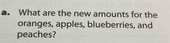 What are the new amounts for the 
oranges, apples, blueberries, and 
peaches?