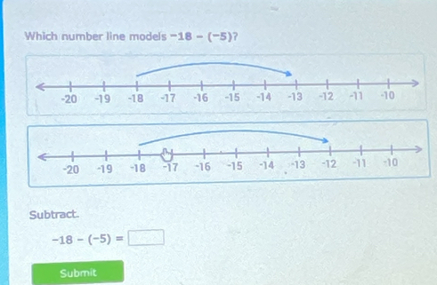 Which number line models -18-(-5)
Subtract.
-18-(-5)=□
Submit