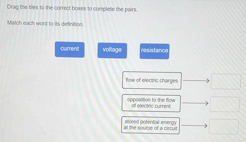 Drag the tiles to the correct boxes to complete the pairs. 
Match each word to its definition. 
current voltage resistance 
flow of electric charges
□ B
opposition to the flow 
of electric current 
□ 
stored potential energy 
at the source of a circuit 
□