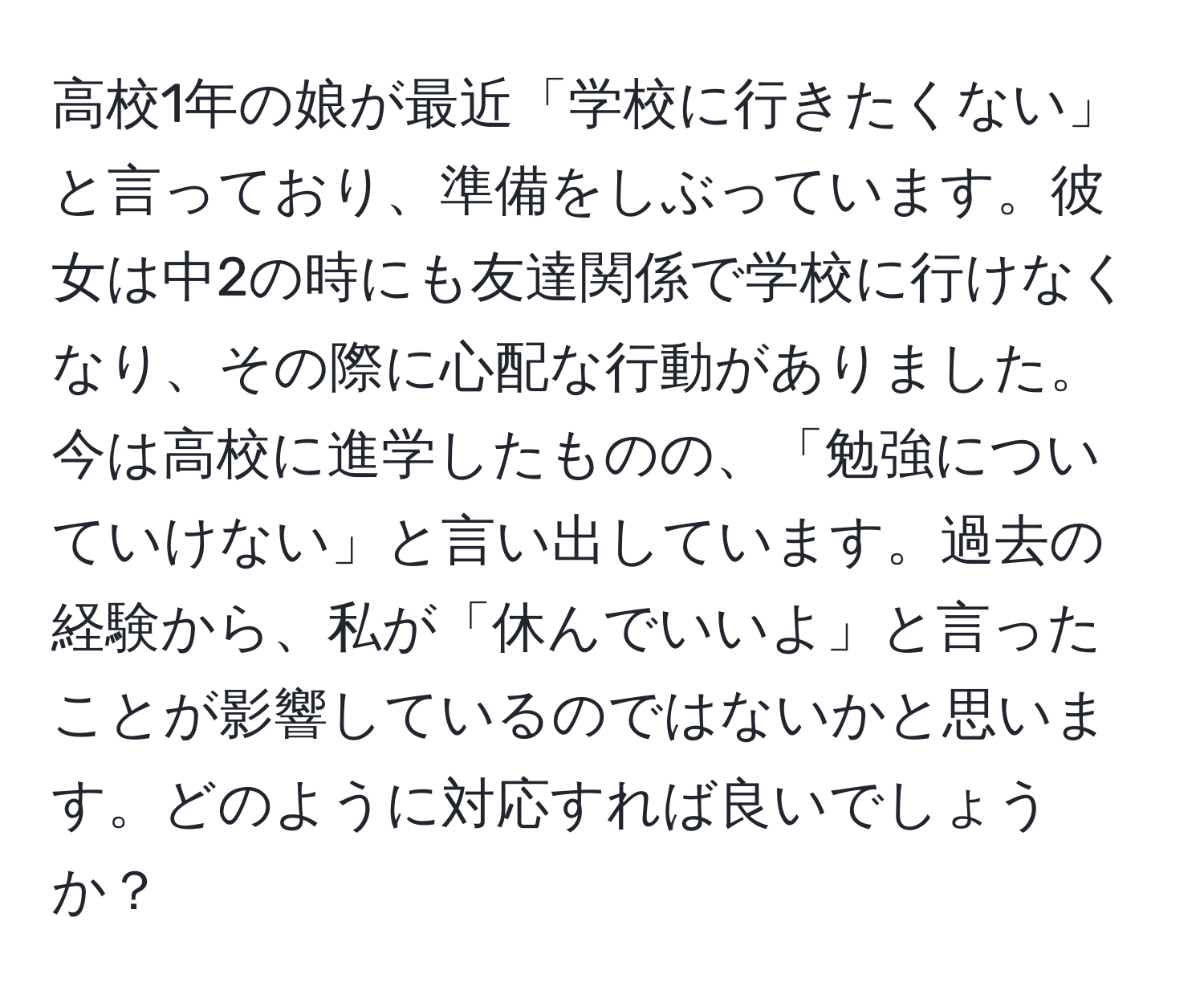 高校1年の娘が最近「学校に行きたくない」と言っており、準備をしぶっています。彼女は中2の時にも友達関係で学校に行けなくなり、その際に心配な行動がありました。今は高校に進学したものの、「勉強についていけない」と言い出しています。過去の経験から、私が「休んでいいよ」と言ったことが影響しているのではないかと思います。どのように対応すれば良いでしょうか？