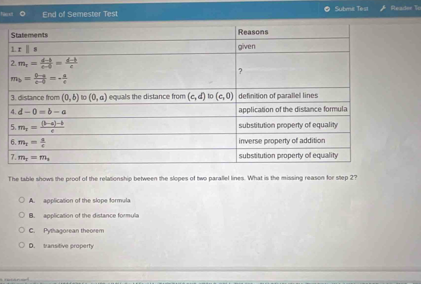 Submit Test Reader To
Next End of Semester Test
The table shows the proof of the relationship between the slopes of two parallel lines. What is the missing reason for step 2?
A. application of the slope formula
B. application of the distance formula
C. Pythagorean theorem
D. transitive property