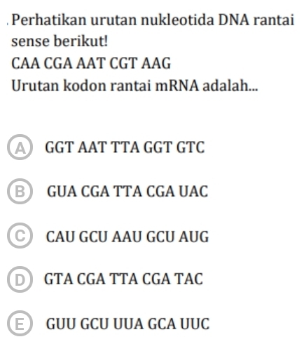 Perhatikan urutan nukleotida DNA rantai
sense berikut!
CAA CGA AAT CGT AAG
Urutan kodon rantai mRNA adalah...
A GGT AAT TTA GGT GTC
B GUA CGA TTA CGA UAC
C CAU GCU AAU GCU AUG
D GTA CGA TTA CGA TAC
E) GUU GCU UUA GCA UUC