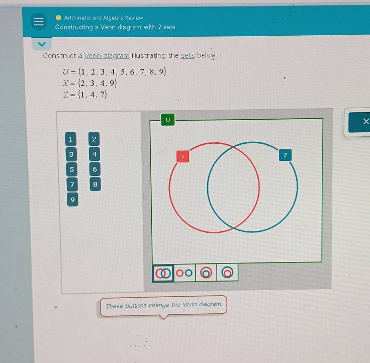 Arithmetic and Algebra Review 
Constructing a Venn diagram with 2 sets 
Construct a Venn diagram illustrating the sets below. '
U= 1,2,3,4,5,6,7,8,9
X= 2,3,4,9
Z= 1,4,7
×
1 2
3 4
5 6
7 8
9
These buttons change the Venn diagram.