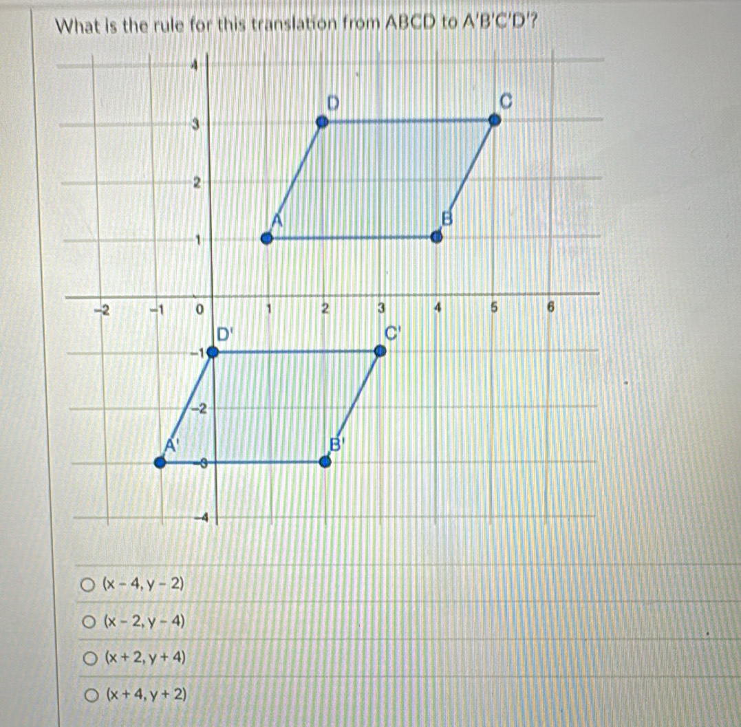 A'B'C'D' ?
(x-4,y-2)
(x-2,y-4)
(x+2,y+4)
(x+4,y+2)