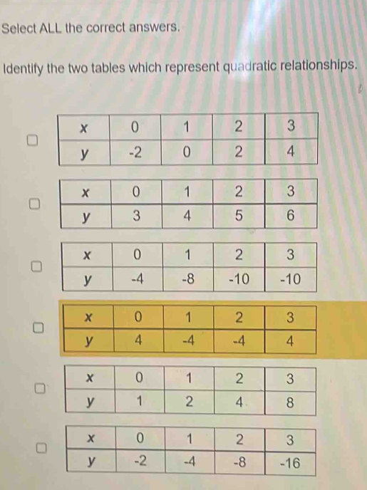 Select ALL the correct answers. 
ldentify the two tables which represent quadratic relationships.