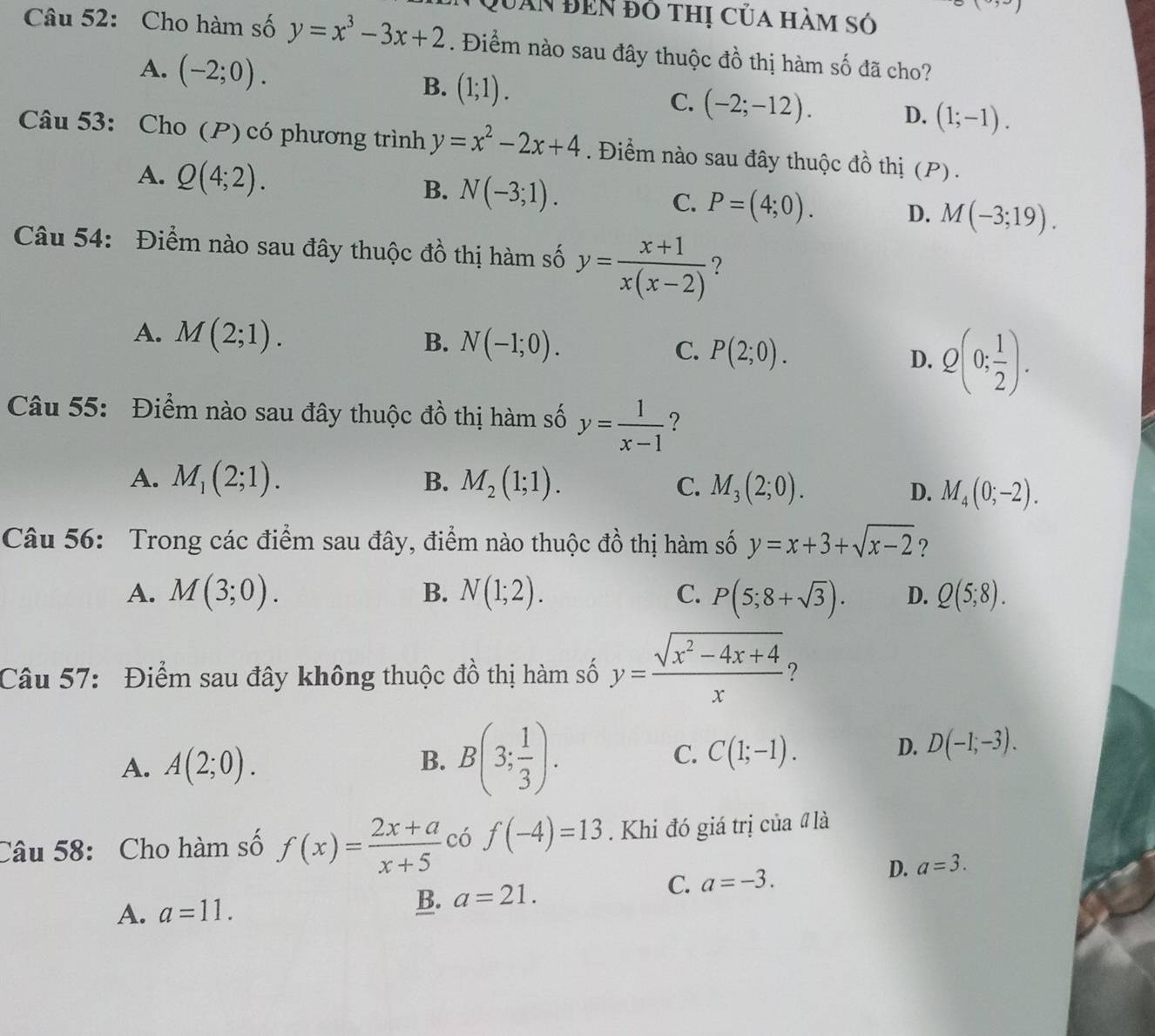 v>-1
Quân đền đỏ thị của hàm só
Câu 52: Cho hàm số y=x^3-3x+2. Điểm nào sau đây thuộc đồ thị hàm số đã cho?
A. (-2;0). B. (1;1). C. (-2;-12). D. (1;-1).
Câu 53: Cho (P) có phương trình y=x^2-2x+4. Điểm nào sau đây thuộc đồ thị (P) .
A. Q(4;2).
B. N(-3;1). C. P=(4;0). D. M(-3;19).
Câu 54: Điểm nào sau đây thuộc đồ thị hàm số y= (x+1)/x(x-2)  ?
A. M(2;1). B. N(-1;0). C. P(2;0). D. Q(0; 1/2 ).
Câu 55: Điểm nào sau đây thuộc đồ thị hàm số y= 1/x-1  ?
A. M_1(2;1). B. M_2(1;1). C. M_3(2;0). D. M_4(0;-2).
Câu 56: Trong các điểm sau đây, điểm nào thuộc đồ thị hàm số y=x+3+sqrt(x-2) ?
A. M(3;0). B. N(1;2). C. P(5;8+sqrt(3)). D. Q(5;8).
Câu 57: Điểm sau đây không thuộc đồ thị hàm số y= (sqrt(x^2-4x+4))/x  ?
A. A(2;0). B. B(3; 1/3 ). C. C(1;-1).
D. D(-1,-3).
Câu 58: Cho hàm số f(x)= (2x+a)/x+5  có f(-4)=13. Khi đó giá trị của # là
D. a=3.
A. a=11. B. a=21.
C. a=-3.