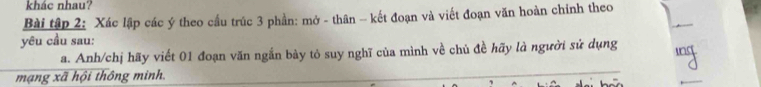 khác nhau? 
Bài tập 2: Xác lập các ý theo cầu trúc 3 phần: mở - thân - kết đoạn và viết đoạn văn hoàn chỉnh theo 
yêu cầu sau: 
a. Anh/chị hãy viết 01 đoạn văn ngắn bày tỏ suy nghĩ của mình về chủ đề hãy là người sử dụng 
mạng xã hội thông minh.