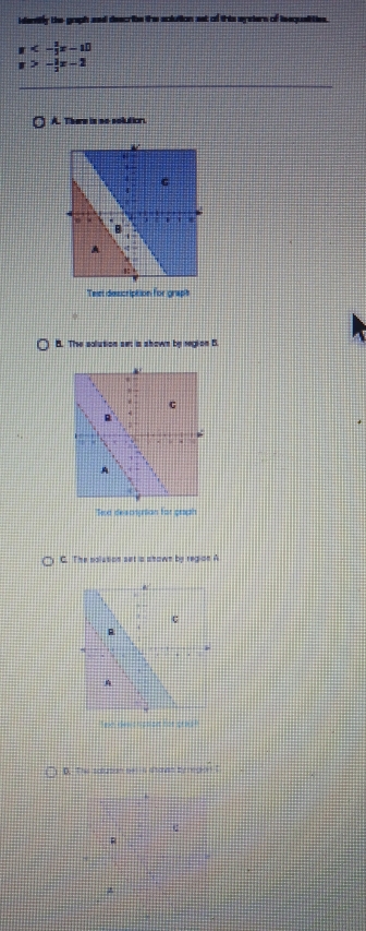 identily the graph and describe the solution ast of this systers of ieequaitties.
x<- 2/3 x-10
- 1/3 x-2
A. There is no soludior
Twet description for grape
8. The solution sm is shown by region B.
C. The solution set a ahown by region A
D. The solusian bes-s shown bynegion T
R
*