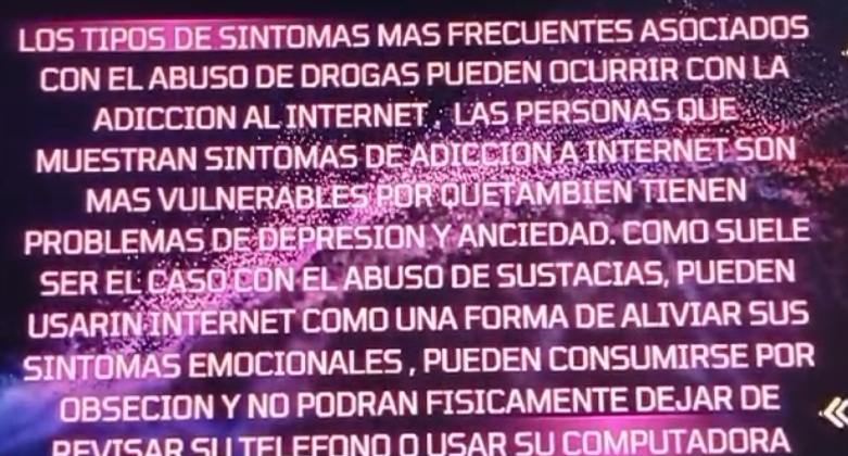 LOS TIPOS DE SINTOMAS MAS FRECUENTES ASOCIADOS 
CON EL ABUSO DE DROGAS PUEDEN OCURRIR CON LA 
ADICCION AL INTERNET , LAS PERSONAS QUE 
MUESTRAN SINTOMAS DE ADICCION SON 
MAS VULNERAB 
EN TIENEN 
PROBLEMAS DE DEPRESI SIONY ANCIEDAD. COMO SUELE 
SER EL CASO CON EL ABUSO DE SUSTACIAS, PUEDEN 
USARIN INTERNET COMO UNA FORMA DE ALIVIAR SUS 
SINTOMAS EMOCIONALES , PUEDEN CONSUMIRSE POR 
OBSECION Y NO PODRAN FISICAMENTE DEJAR DE 
REVISAR SUTELEFONO O USAR SU COMPUTADORA