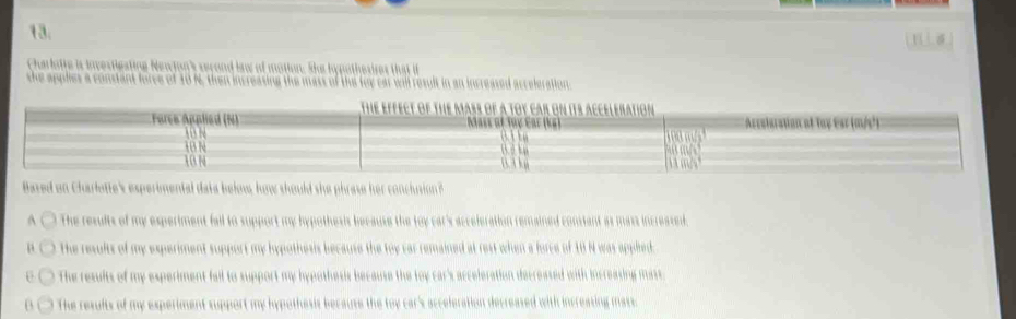 Charlotte is investigating NewJon's second law of motion. She iypothesires that it
she applies a constant force of 10 %, then increasing the mass of the foy car will result in an increased acceleration.
Baved on Charlotte's esperimental data below, how should she phrase her conchusion
A The results of my experiment fall to support my hypothesis because the toy car's acceleration remained constant as mass increased.
μ The results of my experiment support my hypothesis because the toy car remained at rest when a force of 10 N was applied.
U The resits of my experiment fail to support my hypothesis because the toy car's acceleration decreased with increasing mass.
The results of my experiment support my hypothesis because the toy car's acceleration decreased with increasing mass.