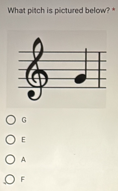 What pitch is pictured below? *
G
E
A
F