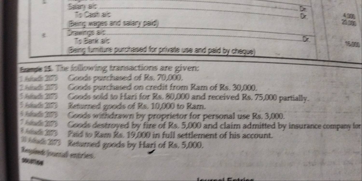 Saay as 
To Castac 4300
Beng wapes and salary paíd) 20,080
Drawings alc 
To Bank alc Dr
1.000
Being furmtture purchased for private use and paid by cheque) 
Erame 15. The following transactions are given: 
1 Adat 203 Goods purchased of Rs. 70,000. 
2 Aad 2073 Goods purchased on credit from Ram of Rs. 30,000. 
3 Atado 2013 Coods sold to Hari for Rs. 80,000 and received Rs. 75,000 partially. 
5 Atath 2073 Retumed goods of Rs. 10,000 to Ram. 
* Adado 2073 Goods withdrawn by proprietor for personal use Rs. 3,000. 
1 Adala 2073 Goods destroyed by fire of Rs. 5,000 and claim admitted by insurance company for 
3 Adala 2073 Paid to Ram Rs. 19,000 in full settlement of his account. 
30 hdud 273 Returned goods by Harj of Rs. 5,000. 
Repiek jounal entries