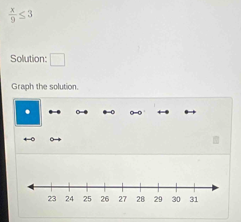  x/9 ≤ 3
Solution: □ 
Graph the solution. 
. 
a 0 
to 。