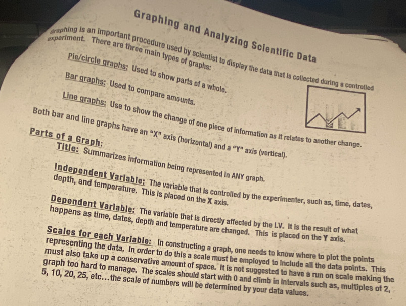 Graphing and Analyzing Scientific Data 
experiment. There are three main types of graphs 
raphing is an important procedure used by scientist to display the data that is collected during a controlle 
Pie/circle graphs; Used to show parts of a whole, 
Bar graphs: Used to compare amounts. 
Line graphs: Use to show the change of one piece of information as it relates to another change 
Both bar and line graphs have an “ X ” axis (horizontal) and a “ Y ” axis (vertical) 
Parts of a Graph: Title: Summarizes information being represented in ANY graph. 
Independent Variable: The variable that is controlled by the experimenter, such as, time, dates, 
depth, and temperature. This is placed on the X axis. 
Dependent Variable: The variable that is directly affected by the I.V. It is the result of what 
happens as time, dates, depth and temperature are changed. This is placed on the Y axis. 
Scales for each Variable: In constructing a graph, one needs to know where to plot the points 
representing the data. In order to do this a scale must be employed to include all the data points. This 
must also take up a conservative amount of space. It is not suggested to have a run on scale making the 
graph too hard to manage. The scales should start with 0 and climb in intervals such as, multiples of 2,
5, 10, 20, 25, etc...the scale of numbers will be determined by your data values.