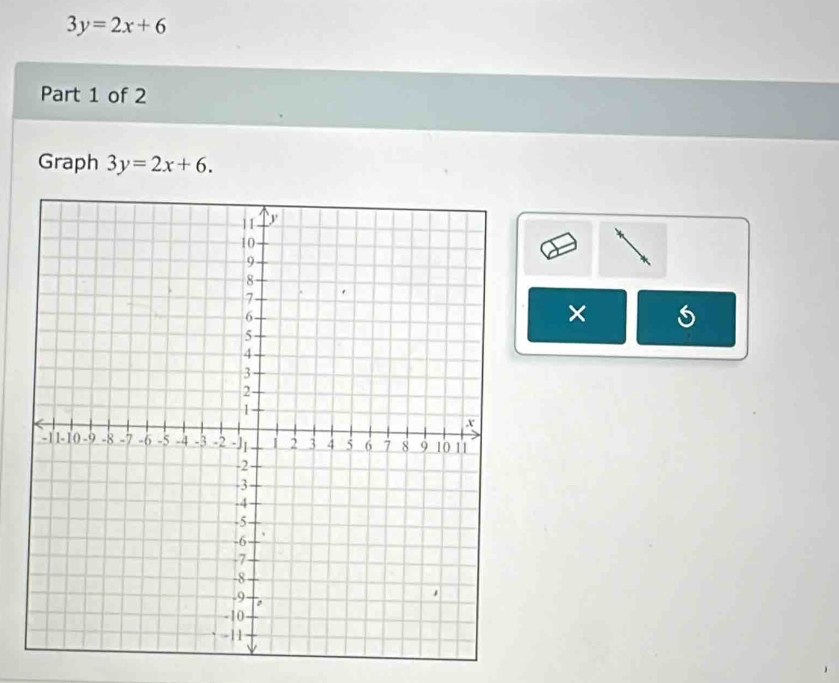 3y=2x+6
Part 1 of 2
Graph 3y=2x+6. 
×