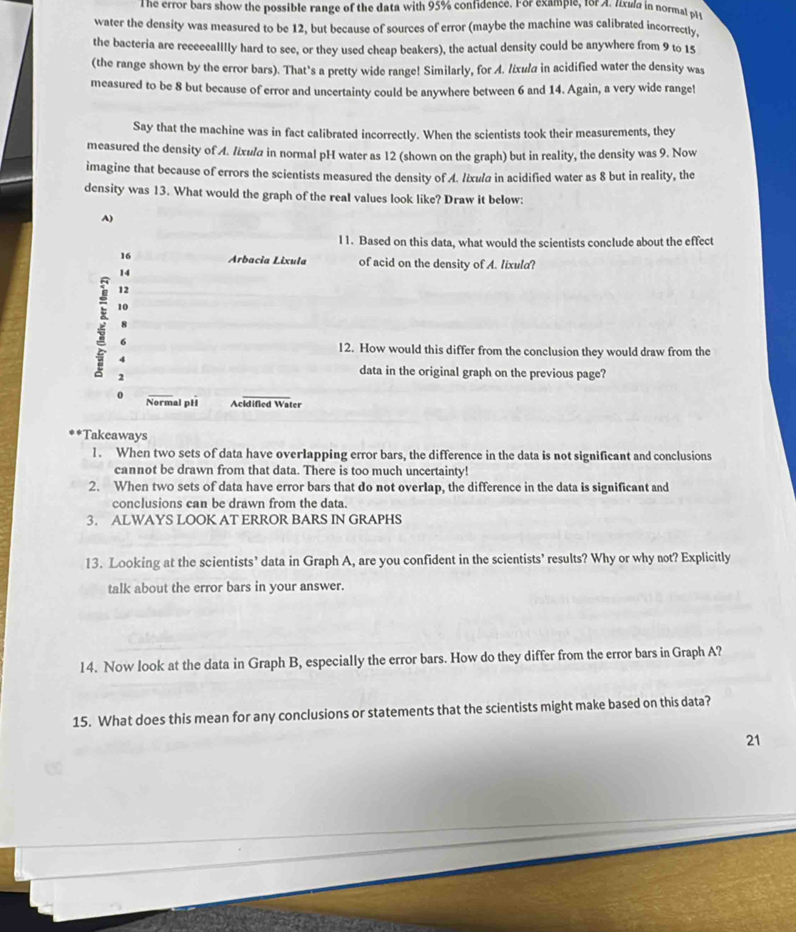 The error bars show the possible range of the data with 95% confidence. F or example, 1or A. lxuld in normal p 
water the density was measured to be 12, but because of sources of error (maybe the machine was calibrated incorrectly,
the bacteria are receeeallIly hard to see, or they used cheap beakers), the actual density could be anywhere from 9 to 15
(the range shown by the error bars). That's a pretty wide range! Similarly, for A. lixula in acidified water the density was
measured to be 8 but because of error and uncertainty could be anywhere between 6 and 14. Again, a very wide range!
Say that the machine was in fact calibrated incorrectly. When the scientists took their measurements, they
measured the density of A. lixula in normal pH water as 12 (shown on the graph) but in reality, the density was 9. Now
imagine that because of errors the scientists measured the density of A. lίxиα in acidified water as 8 but in reality, the
density was 13. What would the graph of the real values look like? Draw it below:
A)
l1. Based on this data, what would the scientists conclude about the effect
16 Arbacia Lixula of acid on the density of A. lixula?
14
12
10
8
6
12. How would this differ from the conclusion they would draw from the
4
2
data in the original graph on the previous page?
0
_
Normal pH Acidified Water
*Takeaways
1. When two sets of data have overlapping error bars, the difference in the data is not significant and conclusions
cannot be drawn from that data. There is too much uncertainty!
2. When two sets of data have error bars that do not overlap, the difference in the data is significant and
conclusions can be drawn from the data.
3. ALWAYS LOOK AT ERROR BARS IN GRAPHS
13. Looking at the scientists’ data in Graph A, are you confident in the scientists’ results? Why or why not? Explicitly
talk about the error bars in your answer.
14. Now look at the data in Graph B, especially the error bars. How do they differ from the error bars in Graph A?
15. What does this mean for any conclusions or statements that the scientists might make based on this data?
21