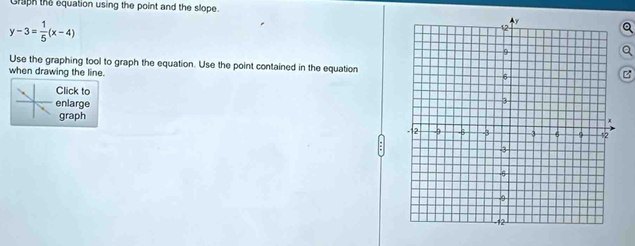 Graph the equation using the point and the slope.
y-3= 1/5 (x-4)
a 
Use the graphing tool to graph the equation. Use the point contained in the equation 
when drawing the line. B 
Click to 
enlarge 
graph