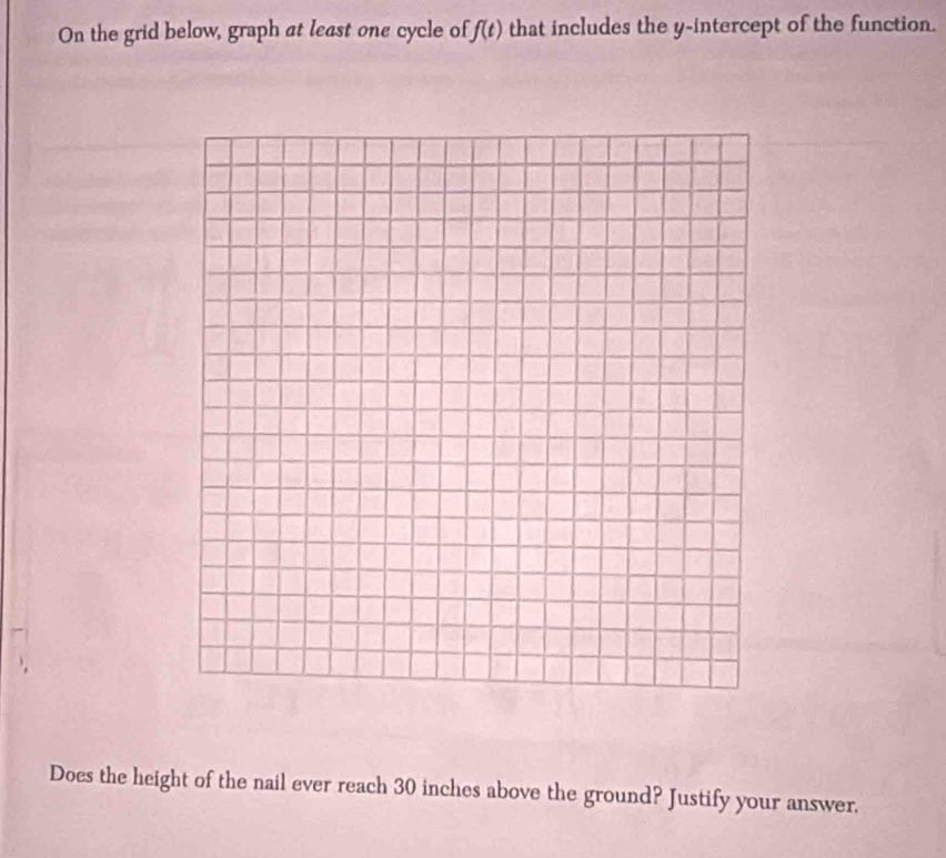 On the grid below, graph at least one cycle of f(t) that includes the y-intercept of the function. 
Does the height of the nail ever reach 30 inches above the ground? Justify your answer.