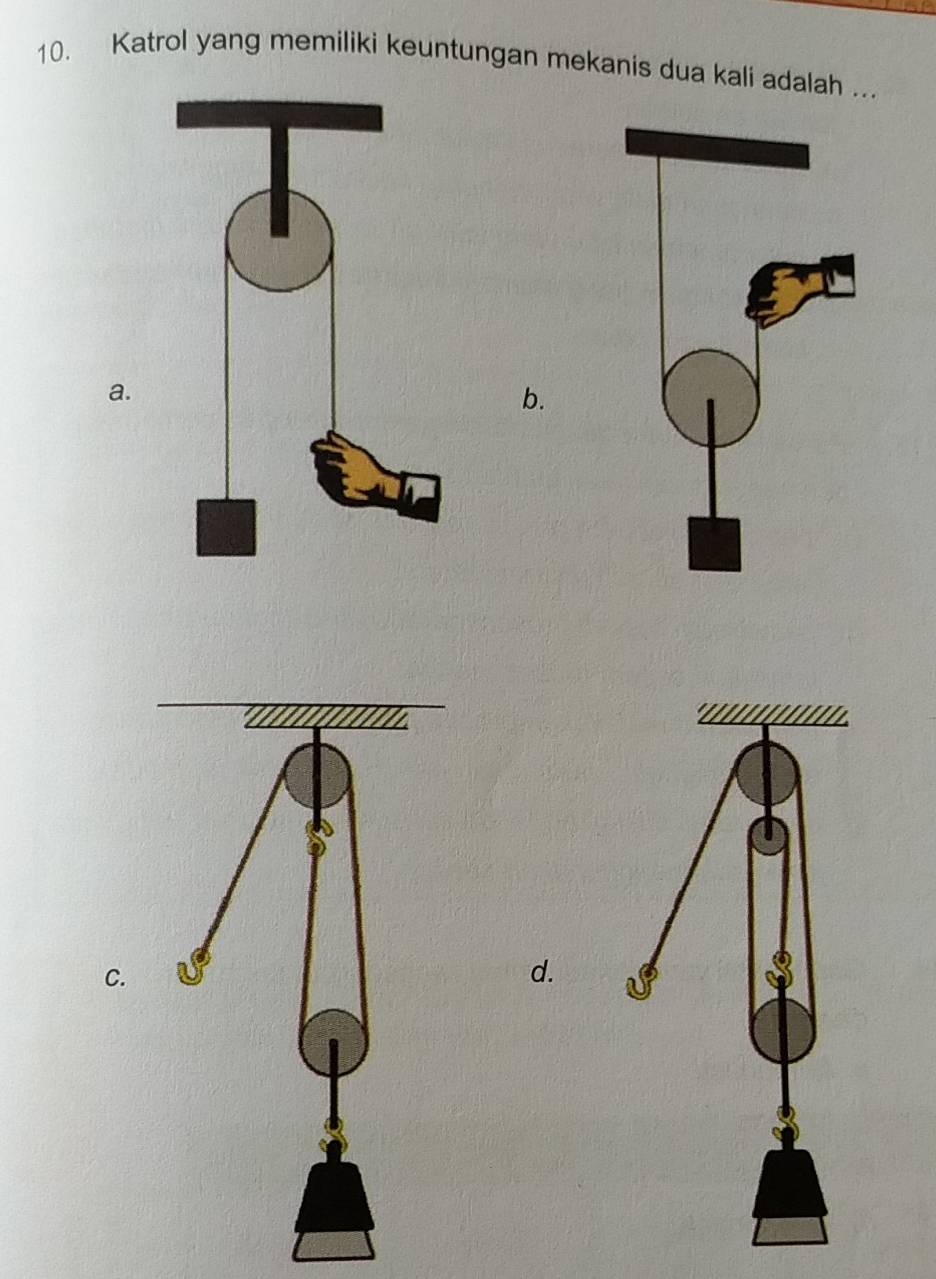 Katrol yang memiliki keuntungan mekanis dua kali adalah ... 
a. 
b. 
C. 
d.