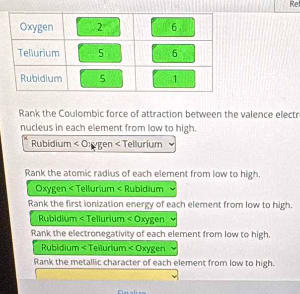 Ret
Rank the Coulombic force of attraction between the valence electr
nucleus in each element from low to high.
Rubidium < Oxvgen < Tellurium
Rank the atomic radius of each element from low to high.
 Oxygen < Tellurium < Rubidium
Rank the first ionization energy of each element from low to high.
 Rubidium < Tellurium < Oxygen
Rank the electronegativity of each element from low to high.
 Rubidium < Tellurium < Oxygen
Rank the metallic character of each element from low to high.