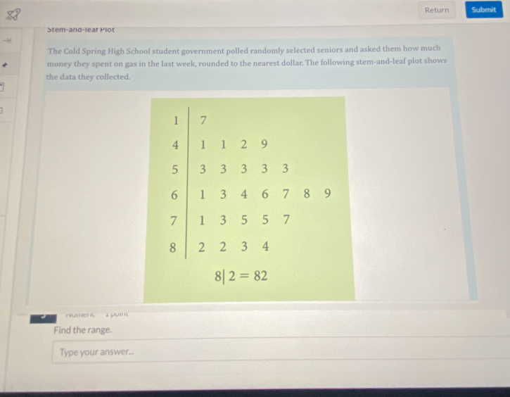 Return Submit
Stem-and-lear Plot
→
The Cold Spring High School student government polled randomly selected seniors and asked them how much
money they spent on gas in the last week, rounded to the nearest dollar. The following stem-and-leaf plot shows
the data they collected.
nument a puim
Find the range.
Type your answer...