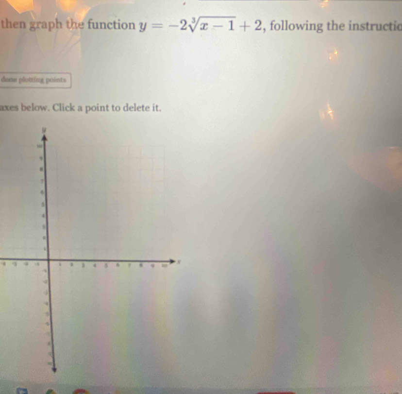 then graph the function y=-2sqrt[3](x-1)+2 , following the instructic 
dane plotting points 
axes below. Click a point to delete it.