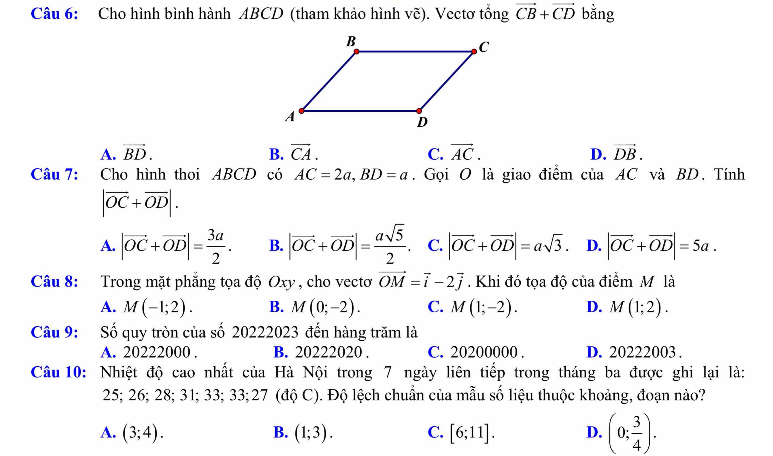 Cho hình bình hành ABCD (tham khảo hình vẽ). Vectơ tổng vector CB+vector CD bằng
A. vector BD. B. vector CA. C. vector AC. D. vector DB. 
Câu 7: Cho hình thoi ABCD có AC=2a, BD=a. Gọi O là giao điểm của AC và BD. Tính
|vector OC+vector OD|.
A. |vector OC+vector OD|= 3a/2 . B. |vector OC+vector OD|= asqrt(5)/2 . C. |vector OC+vector OD|=asqrt(3). D. |vector OC+vector OD|=5a. 
Câu 8: Trong mặt phẳng tọa độ Oxy , cho vectơ vector OM=vector i-2vector j. Khi đó tọa độ của điểm M là
A. M(-1;2). B. M(0;-2). C. M(1;-2). D. M(1;2). 
Câu 9: Số quy tròn của số 20222023 đến hàng trăm là
A. 20222000. B. 20222020. C. 20200000. D. 20222003.
Câu 10: Nhiệt độ cao nhất của Hà Nội trong 7 ngày liên tiếp trong tháng ba được ghi lại là:
25; 26; 28; 31; 33; 33; 27 (độ C). Độ lệch chuẩn của mẫu số liệu thuộc khoảng, đoạn nào?
A. (3;4). B. (1;3). C. [6;11]. D. (0; 3/4 ).