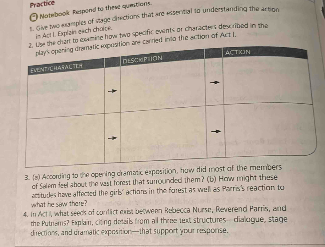 Practice 
Notebook Respond to these questions. 
1. Give two examples of stage directions that are essential to understanding the action 
in Act I. Explain each choice. 
hart to examine how two specific events or characters described in the 
carried into the action of Act I. 
3. (a) According to the opening dramatic exposition, how 
of Salem feel about the vast forest that surrounded them? (b) How might these 
attitudes have affected the girls’ actions in the forest as well as Parris's reaction to 
what he saw there? 
4. In Act I, what seeds of conflict exist between Rebecca Nurse, Reverend Parris, and 
the Putnams? Explain, citing details from all three text structures—dialogue, stage 
directions, and dramatic exposition—that support your response.