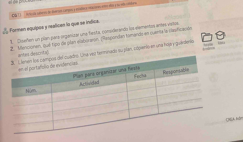 el de procea 
CG7.3 Articula saberes de diversos campos y establece relaciones entre ellos y su vida cotidiana. 
Formen equipos y realicen lo que se indica. 
1. Diseñen un plan para organizar una fiesta, considerando los elementos antes vistos. 
2. Mencionen, qué tipo de plan elaboraron. (Respondan tomando en cuenta la clasificación 
de evidencias 
erminado su plan, cópienlo en una hoja y guárdenlo Portafolio Rúbrica 
rita). 
CREA Adm