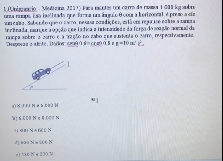 1 (Unigranrio - Medicina 2017) Para manter um carro de massa 1.000 kg sobre
uma rampa lisa inclinada que forma um ângulo θ com a horizontal, é preso a ele
um cabo. Sabendo que o carro, nessas condições, está em repouso sobre a rampa
inclinada, marque a opção que indica a intensidade da força de reação normal da
rampa sobre o carro e a tração no cabo que sustenta o carro, respectivamente.
Despreze o atrito. Dados: sen θ 0,6=cos θ 0,8 e g=10m/s^2
a) 8.000 N e 6.000 N
b) 6.000 N e 8.000 N
c) 800 N e 600 N
d) 600 N e 800 N
e) 480 N e 200 N