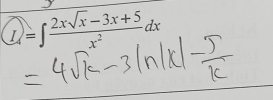 I=∈t  (2xsqrt(x)-3x+5)/x^2 dx