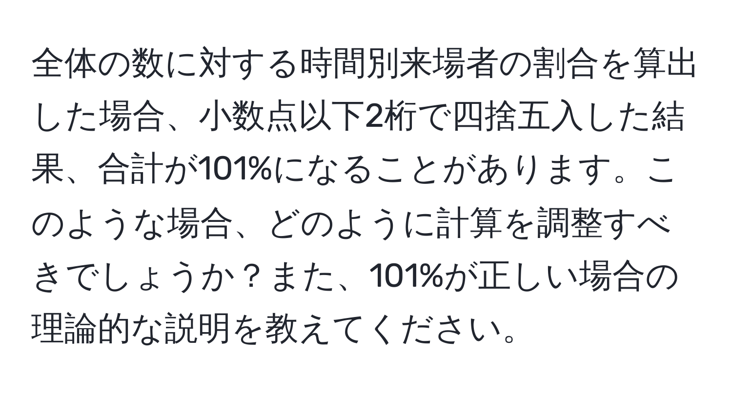 全体の数に対する時間別来場者の割合を算出した場合、小数点以下2桁で四捨五入した結果、合計が101%になることがあります。このような場合、どのように計算を調整すべきでしょうか？また、101%が正しい場合の理論的な説明を教えてください。