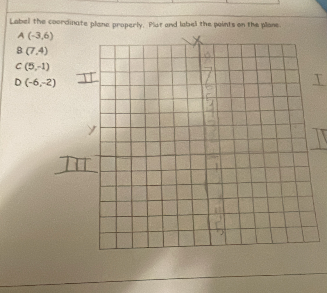 Label the coordinate plane properly. Plot and label the points on the plane.
A(-3,6)
8(7,4)
C(5,-1)
D(-6,-2)