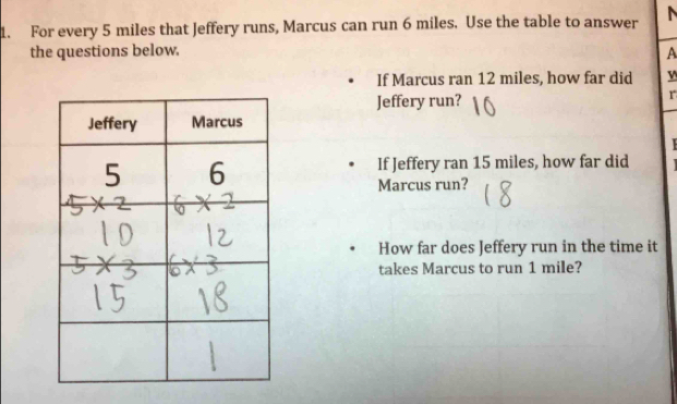 For every 5 miles that Jeffery runs, Marcus can run 6 miles. Use the table to answer N 
the questions below. A 
If Marcus ran 12 miles, how far did v 
Jeffery run? 
r 

If Jeffery ran 15 miles, how far did 
Marcus run? 
How far does Jeffery run in the time it 
takes Marcus to run 1 mile?