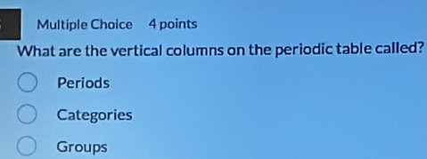 What are the vertical columns on the periodic table called?
Periods
Categories
Groups