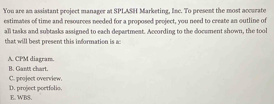 You are an assistant project manager at SPLASH Marketing, Inc. To present the most accurate
estimates of time and resources needed for a proposed project, you need to create an outline of
all tasks and subtasks assigned to each department. According to the document shown, the tool
that will best present this information is a:
A. CPM diagram.
B. Gantt chart.
C. project overview.
D. project portfolio.
E. WBS.