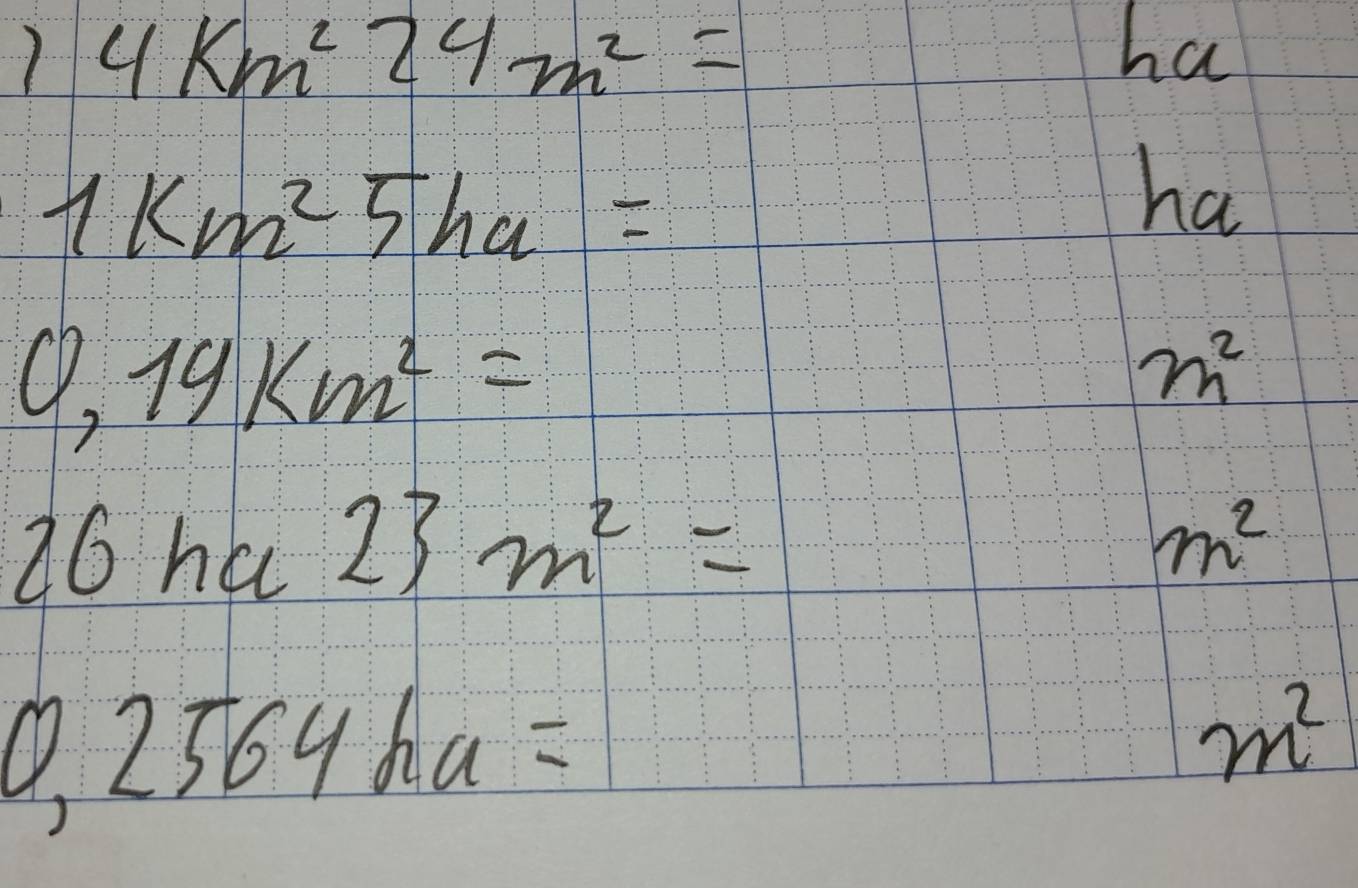 1 4km^224m^2=
ha
1km^25ha=
ha
0,19km^2=
m^2
26ha23m^2=
m^2
0,2564ha=
m^2