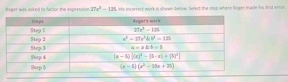 Roger was asked to factor the expression 27x^3-125. His incorrect work is shown below. Select the step where Roger made his first error.