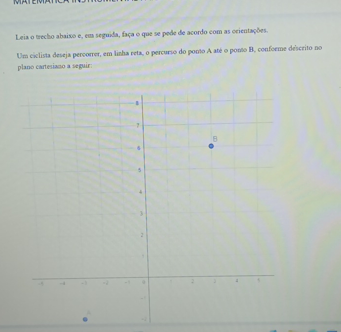 Leia o trecho abaixo e, em seguida, faça o que se pede de acordo com as orientações. 
Um ciclista deseja percorrer, em linha reta, o percurso do ponto A até o ponto B, conforme descrito no 
plano cartesiano a seguir:
-2